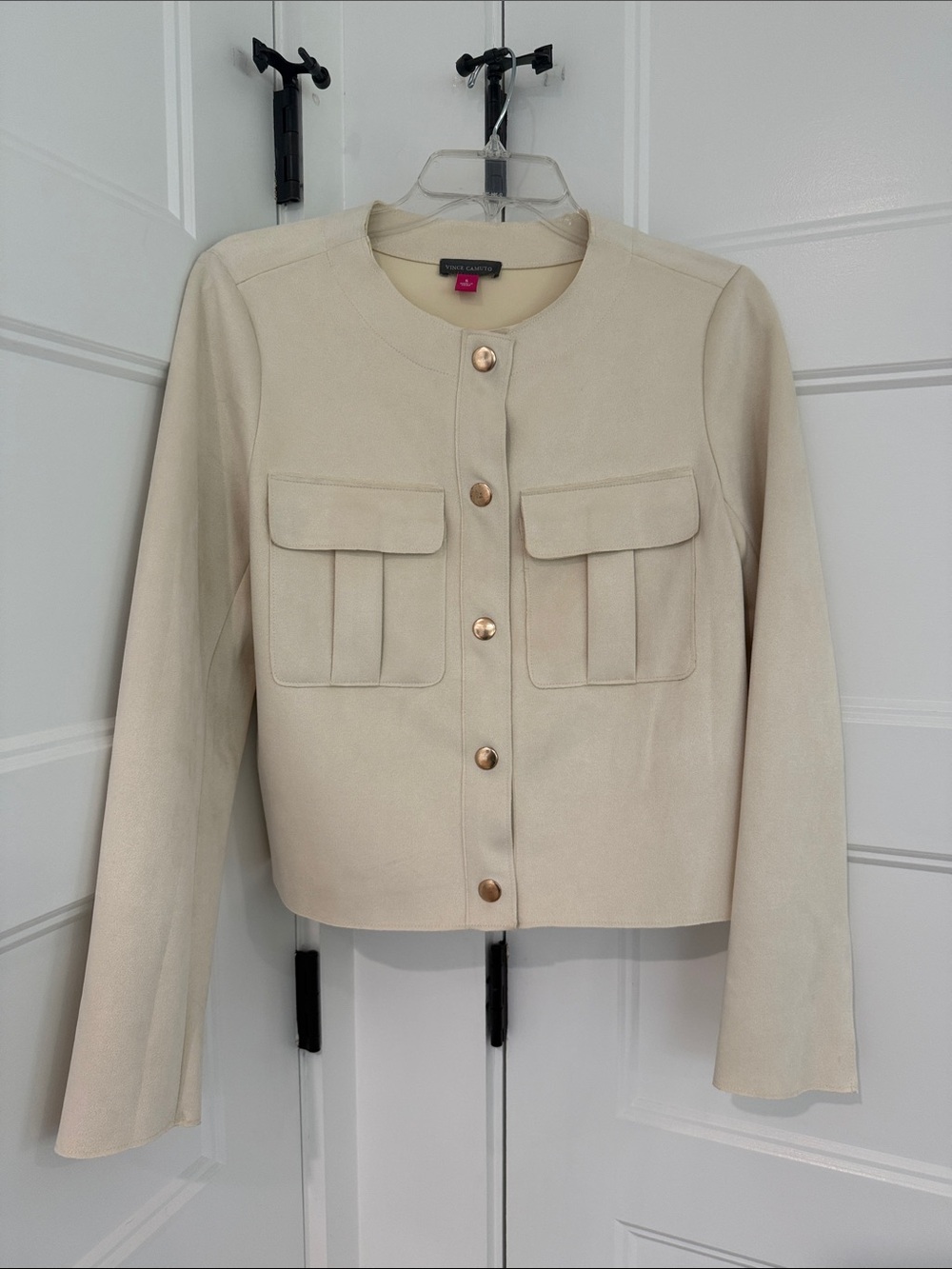 Vince Camuto Faux-Suede Collarless Raw-Hem Jacket